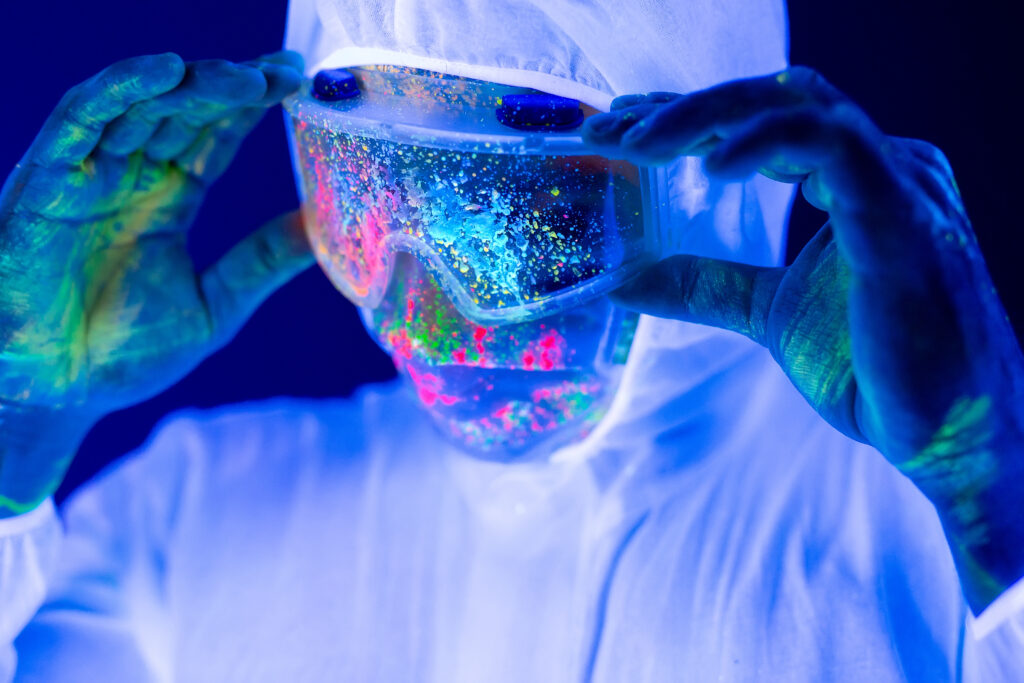 Portrait of man doctor in protective clothes in ultraviolet neon light during coronavirus pandemic.