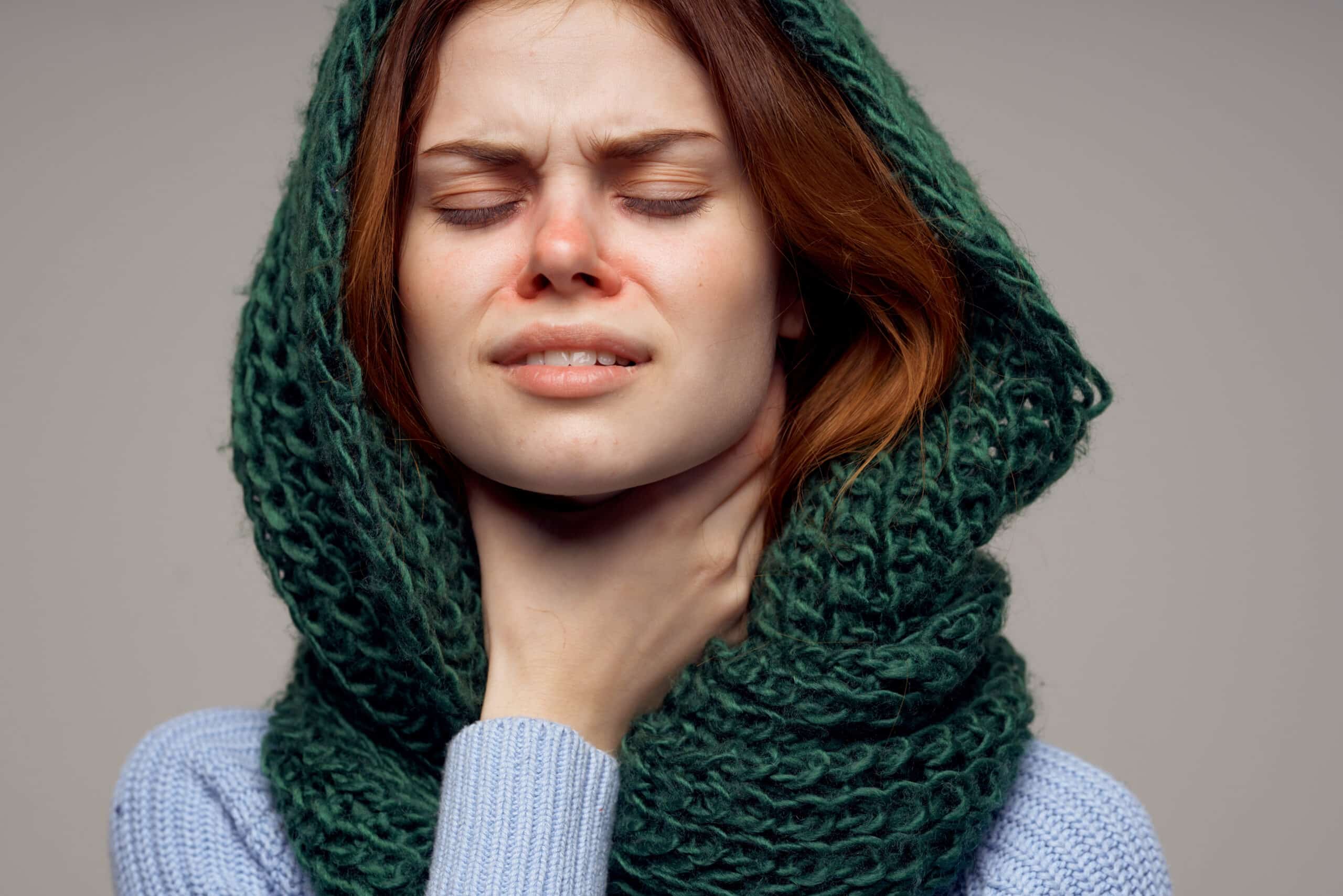 red haired woman flu infection virus severe allergic reactions health care isolated background