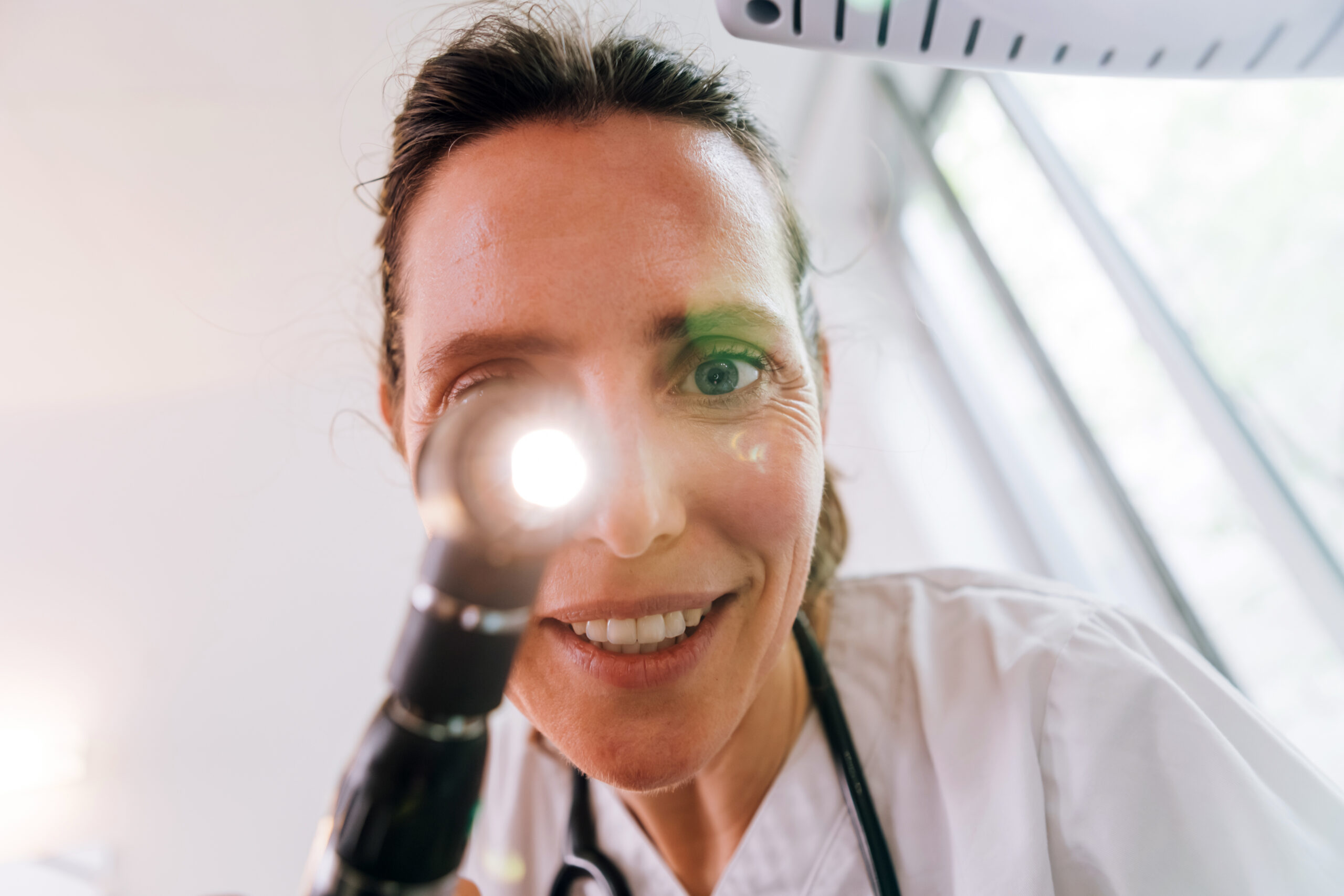 Pov, portrait professional female doctor or medical staff doing clinical examination or bottom view of patient in hospital