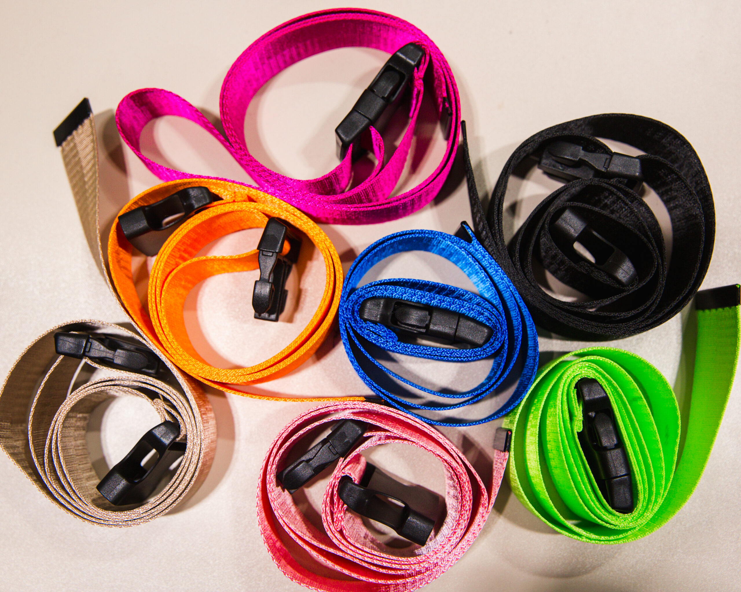 Stylish colored belts. The belts are made of fabric. Fashion and Style.