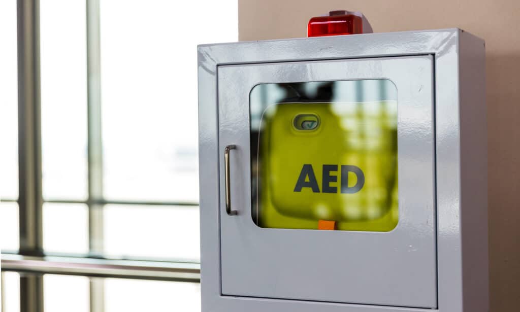 automated external defibrillator in public area